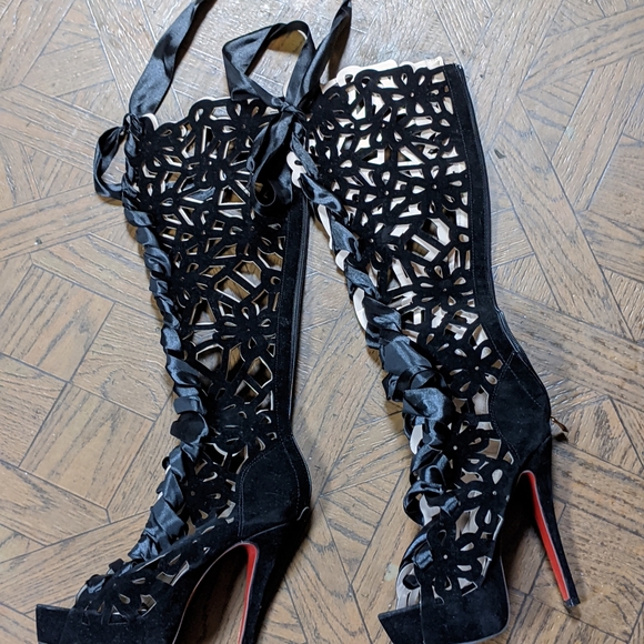 Ladies awesome lattice satin red bottom high heel boots - Picture 3 of 9